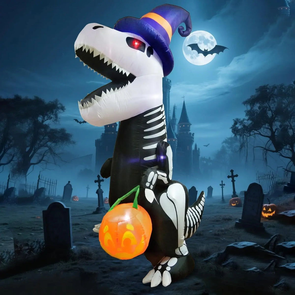 8 Ft Skeleton Dinosaur Halloween Inflatable with Pumpkin