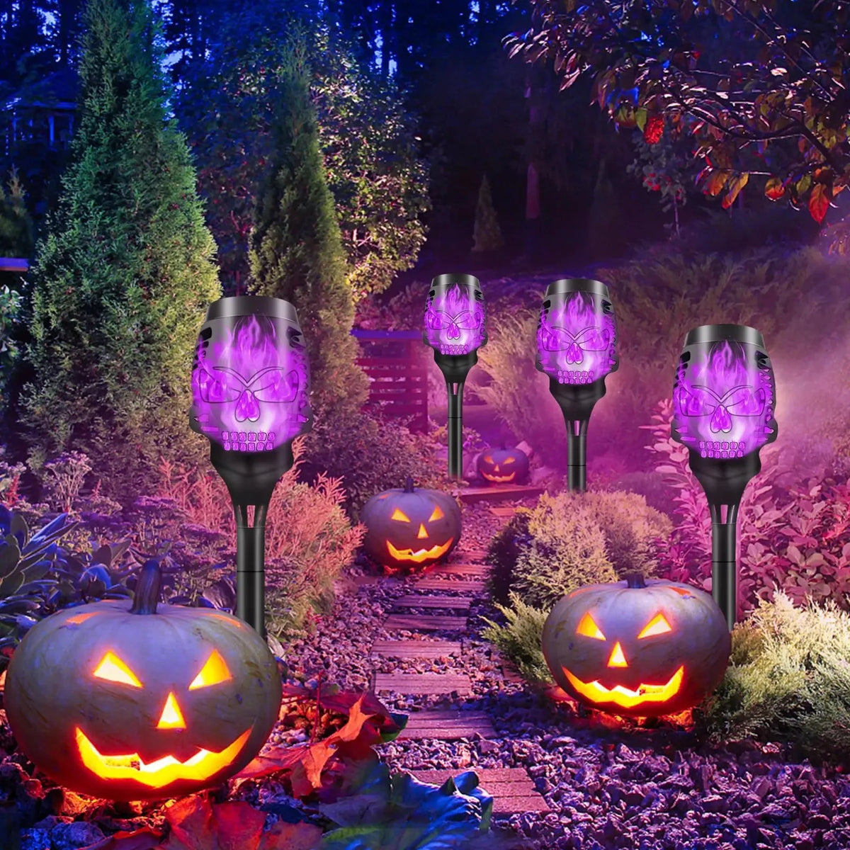 4-Pack Purple Skeleton Solar Torch Lights, Halloween Pathway Decor
