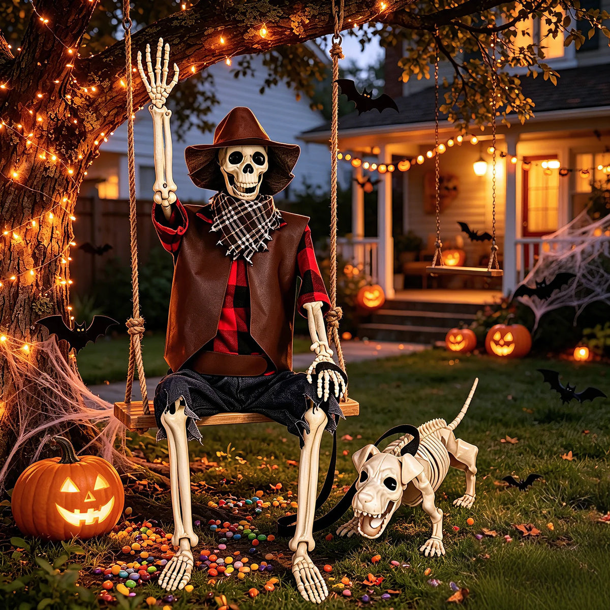 36 In Posable Skeleton and Dog Halloween Set, Cowboy Theme