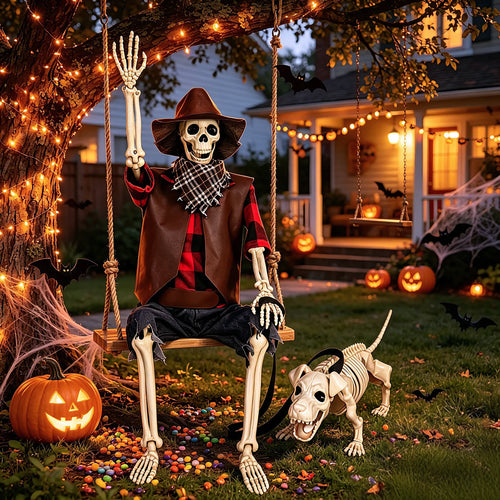 36 In Posable Skeleton and Dog Halloween Set, Cowboy Theme
