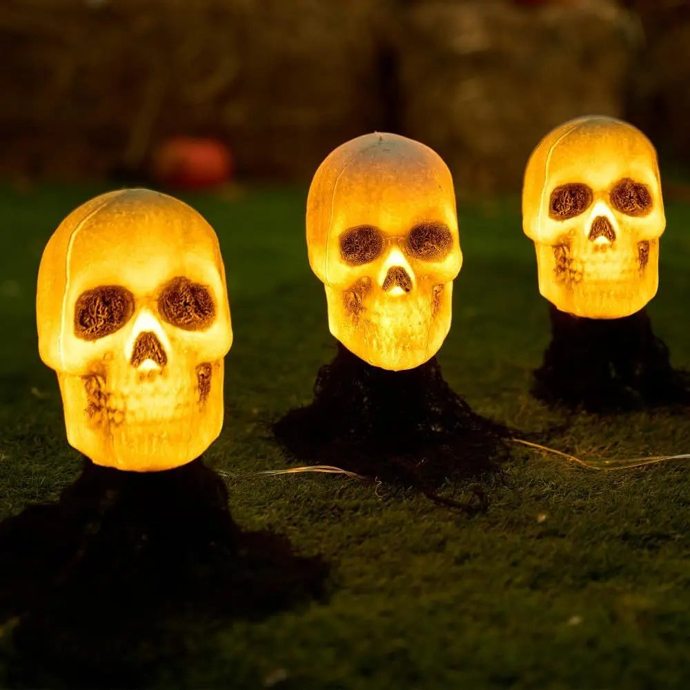 3-Pack Light-Up Skull Stakes, Halloween Pathway Decor