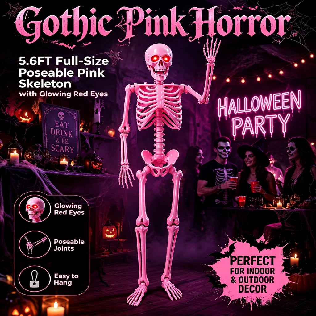 5.6 Ft Pink Posable Skeleton Halloween Prop