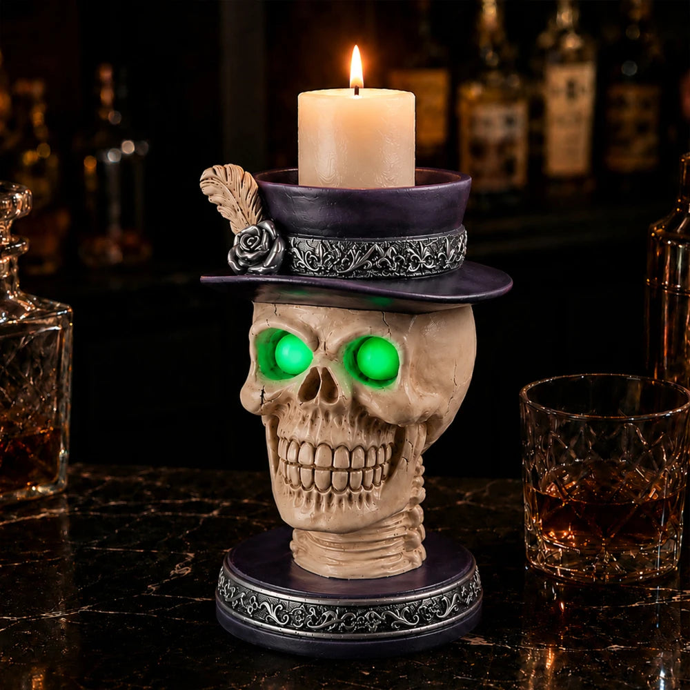 Gothic Skull Candle Holder Halloween Decor with Green Eyes
