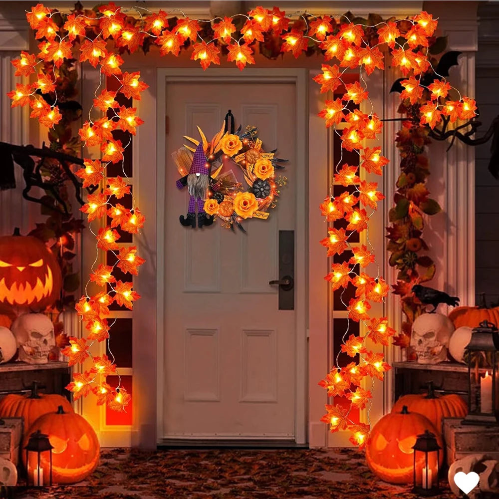 LED Halloween String Lights with Maple Leaf Garland
